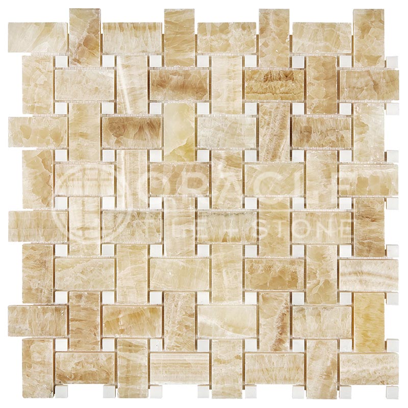 Honey (Giallo Crystal) Onyx Basketweave Mosaic (w/ White)