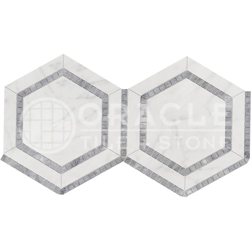 Oriental White (Asian Statuary)	Marble	5" X 5"	Hexagon Combination Mosaic (w/ Blue-Gray)