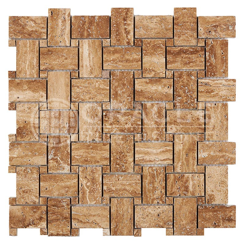 Noce Exotic Travertine	-	Basketweave Mosaic w/ Noce Exotic Dots	Polished & Unfilled