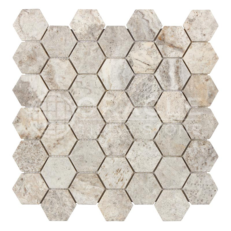 Silver (Pewter Blend)	Travertine	2" X 2"	Hexagon Mosaic	Tumbled