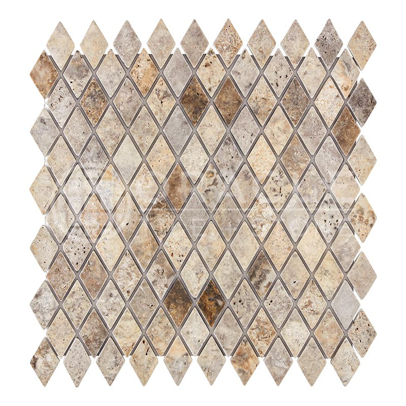 Silver (Pewter Blend)	Travertine	1" X 2"	Diamond / Rhomboid Mosaic	Tumbled