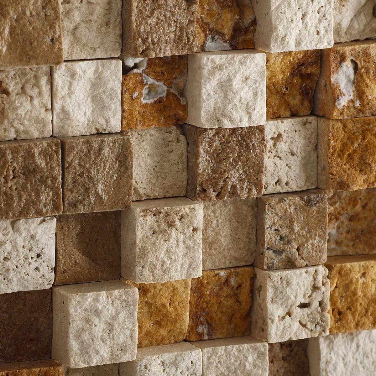 Mixed (Ivory, Noce & Gold) Travertine - 1" X 1" Mosaic Tile Split-Faced