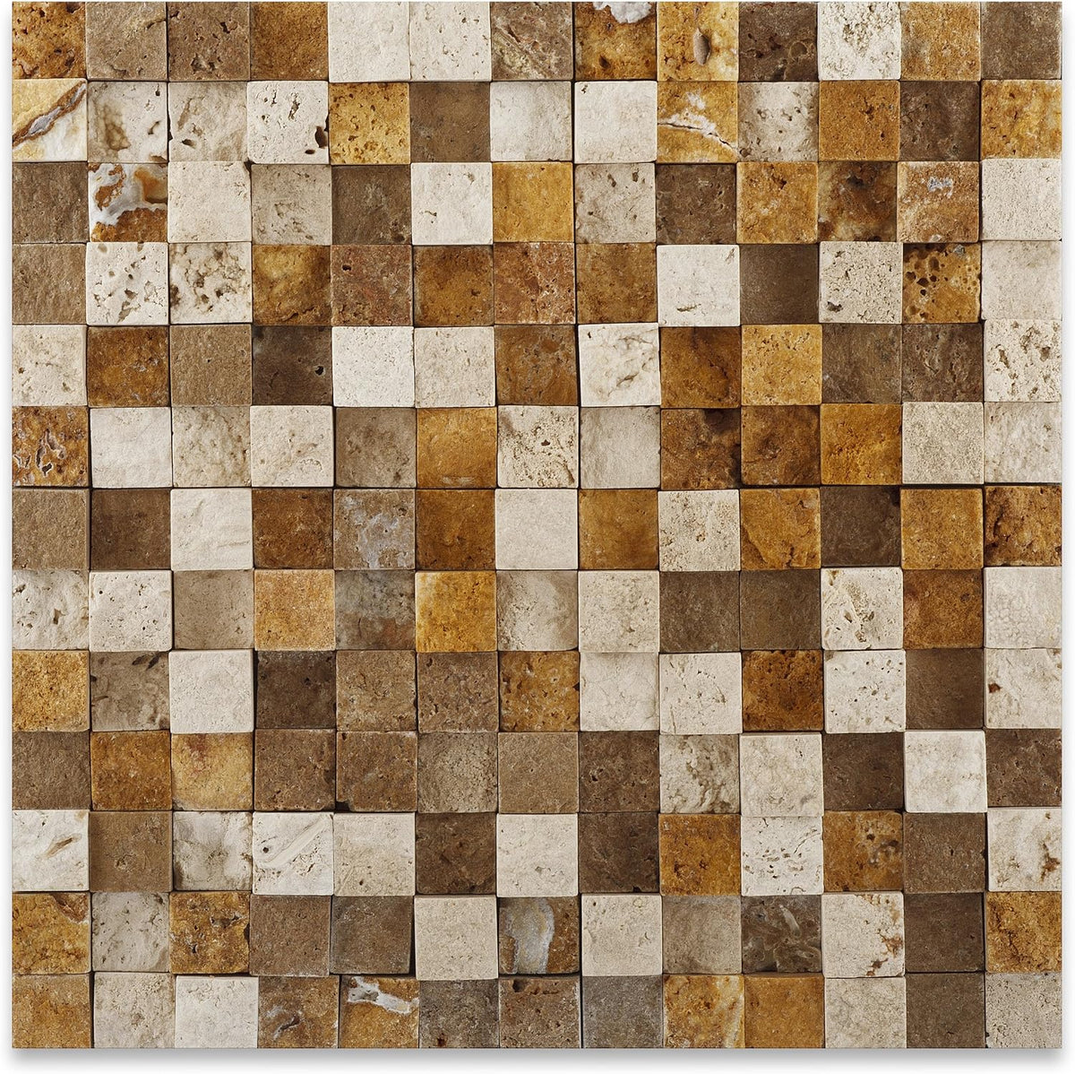 Mixed (Ivory, Noce & Gold) Travertine - 1" X 1" Mosaic Tile Split-Faced