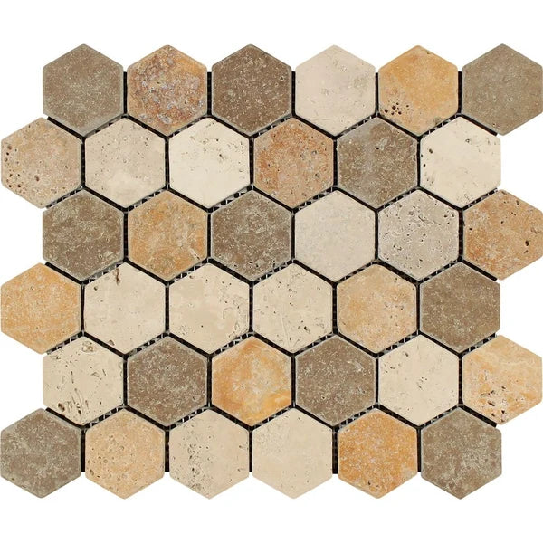 Mixed (Ivory, Noce & Gold) Travertine - 2" Hexagonal Mosaic Tile