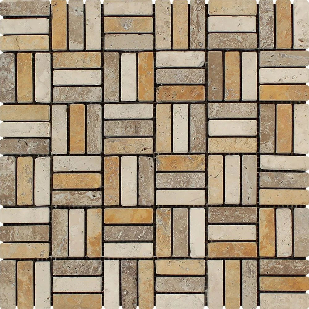 Mixed (Ivory, Noce & Gold) Travertine - 3-Strip Medici (5/8" X 2") Mosaic Tile