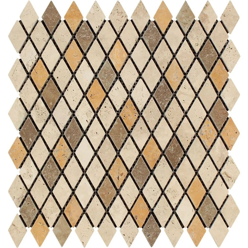 Mixed (Ivory, Noce & Gold) Travertine - Diamond / Rhomboid (1" X 2") Mosaic Tile