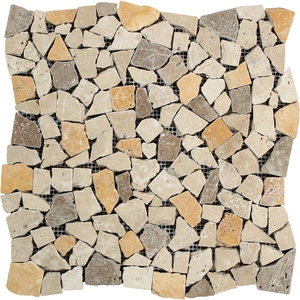 Mixed (Ivory, Noce & Gold) Travertine - Flat-Pebble / Paledian Mosaic Tile