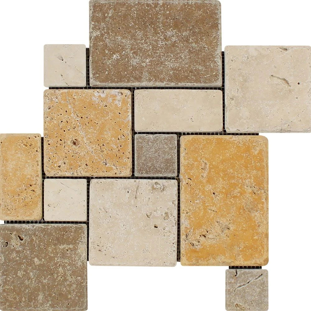 Mixed (Ivory, Noce & Gold) Travertine - OPUS Pattern (4-Pcs.) Interlocking Mosaic Tile
