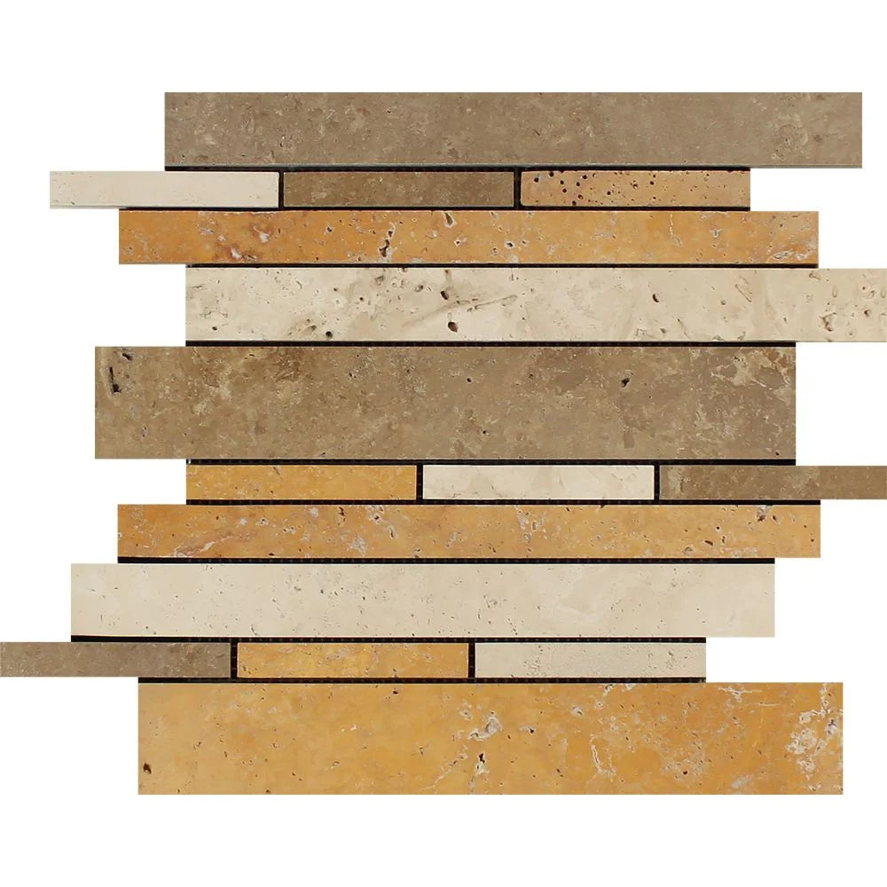 Mixed (Ivory, Noce & Gold) Travertine - Random-Strip (Manhattan) Mosaic Tile