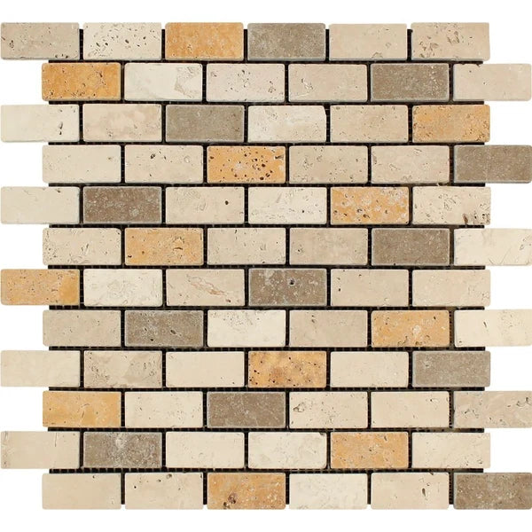 Mixed (Ivory, Noce & Gold) Travertine - 1" X 2" Brick Mosaic Tile