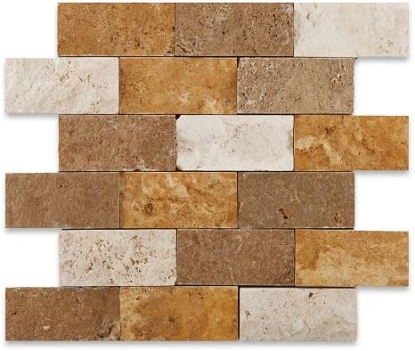 Mixed (Ivory, Noce & Gold) Travertine - 2" X 4" Brick Mosaic Tile