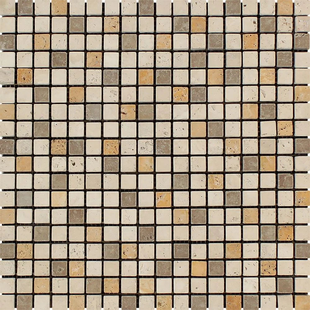 Mixed (Ivory, Noce & Gold) Travertine - 5/8" X 5/8" Mosaic Tile