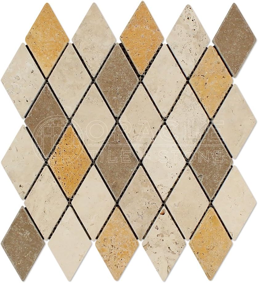 Mixed (Ivory, Noce & Gold) Travertine - Diamond / Rhomboid (2" X 4") Mosaic Tile
