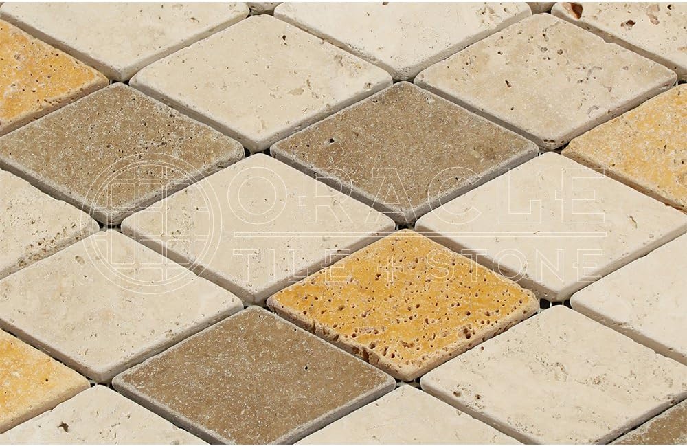 Mixed (Ivory, Noce & Gold) Travertine - Diamond / Rhomboid (2" X 4") Mosaic Tile