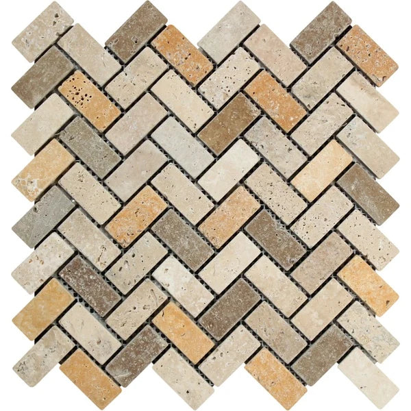 Mixed (Ivory, Noce & Gold) Travertine - Herringbone (1" X 2") Mosaic Tile