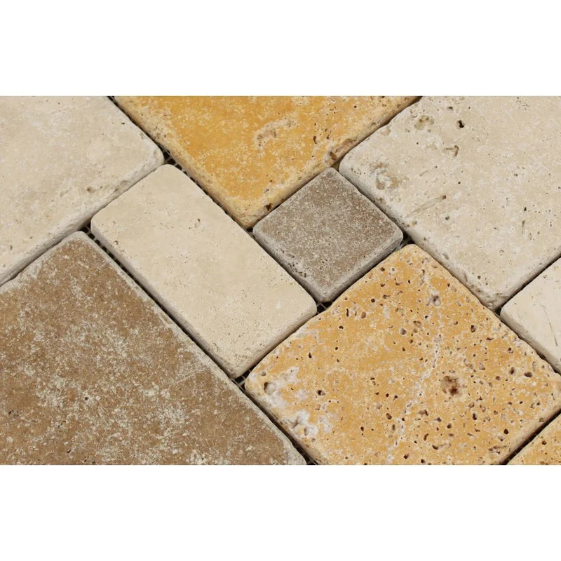 Mixed (Ivory, Noce & Gold) Travertine - OPUS Pattern (4-Pcs.) Interlocking Mosaic Tile