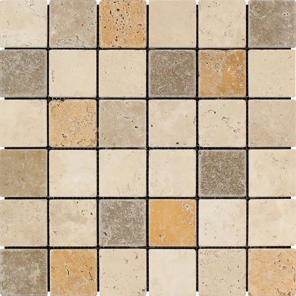 Mixed (Ivory, Noce & Gold) Travertine - 2" X 2" Mosaic Tile
