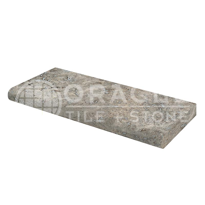 Silver Travertine - TUMBLED - 12" X 24" - Pool-Coping Tile (5 cm / 2" Thickness) - Long-Side, Single-Bullnosed