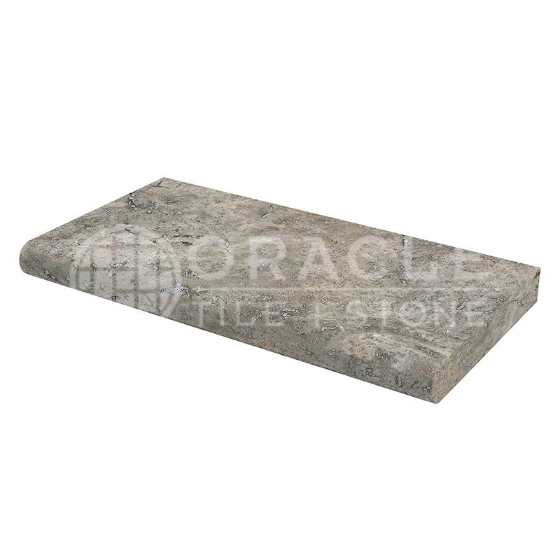 Silver Travertine - TUMBLED - 16" X 24" - Pool-Coping Tile (5 cm / 2" Thickness) - Long-Side, Single-Bullnosed