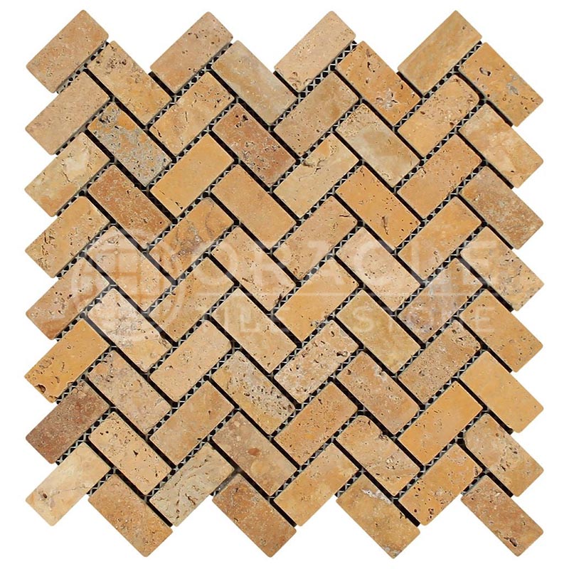 Gold / Yellow Travertine - Herringbone (1" X 2") Mosaic Tile