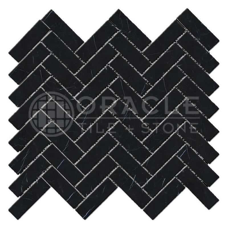 Negro Marquina Marble - Herringbone (1" X 3") Mosaic Tile