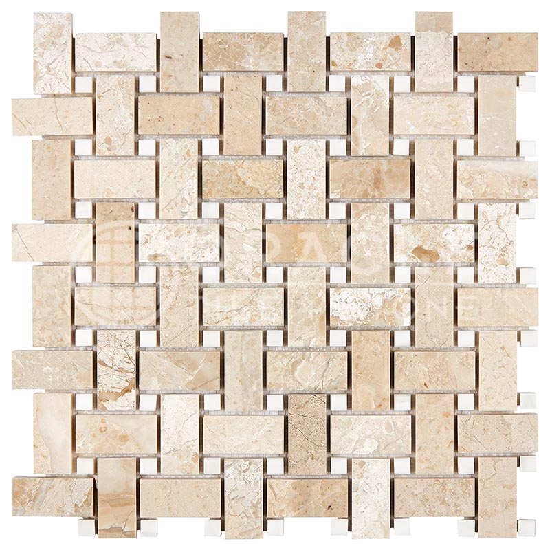 Queen Beige Marble - Basketweave Mosaic Tile w/ White Dolomite Dots
