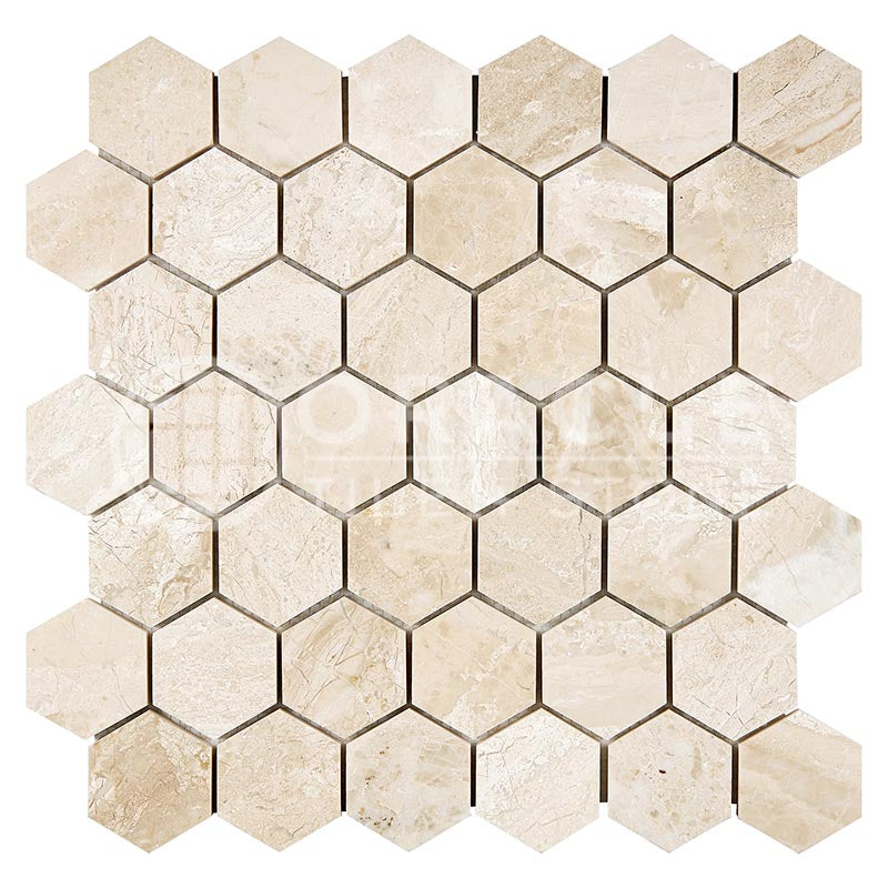 Diano Royal (Queen Beige) Marble Hexagon Mosaic 2" X 2"