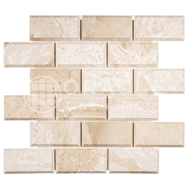 Diano Royal (Queen Beige) Marble Deep-Beveled Brick Mosaic 2" x 4"