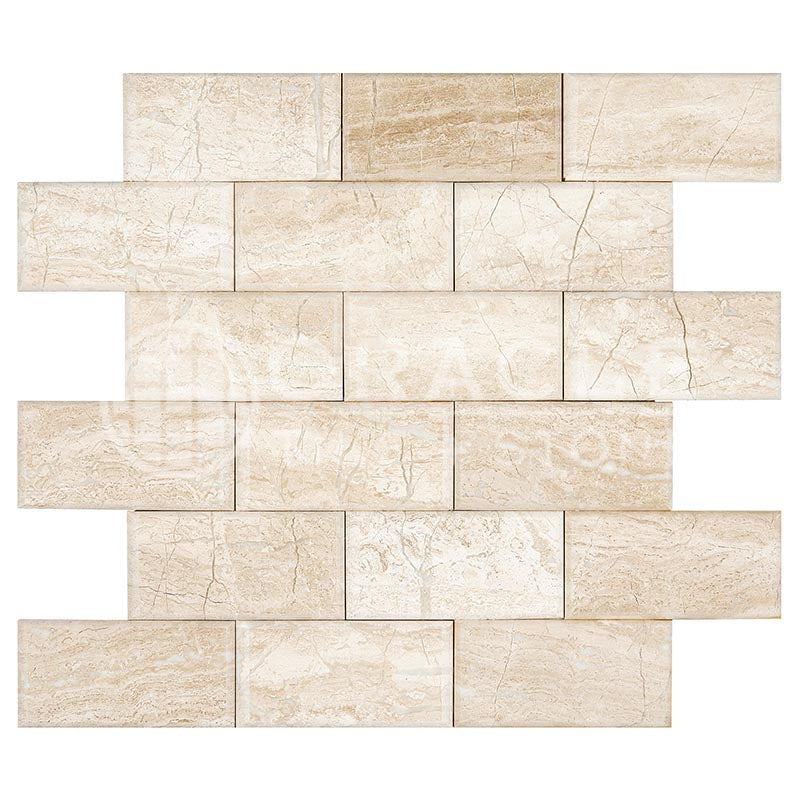 Diano Royal (Queen Beige) Marble Pillowed Brick Mosaic  2" x 4"