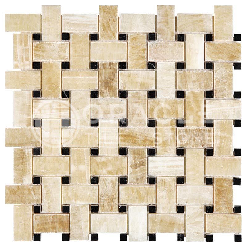 Premium Honey Onyx - Basketweave Mosaic Tile w/ Black Marble Dots