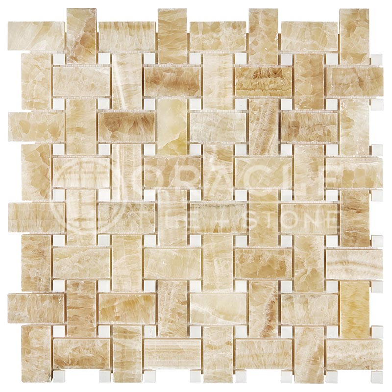 Premium Honey Onyx - Basketweave Mosaic Tile w/ White Marble Dots