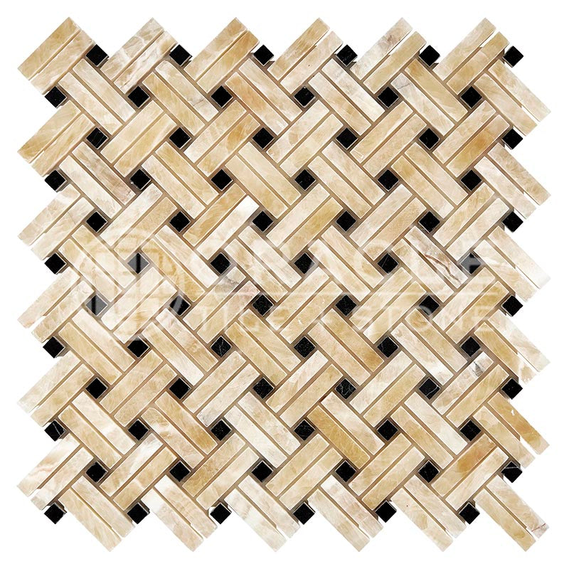 Premium Honey Onyx  - Stanza Mosaic Tile w/ Black Marble Dots