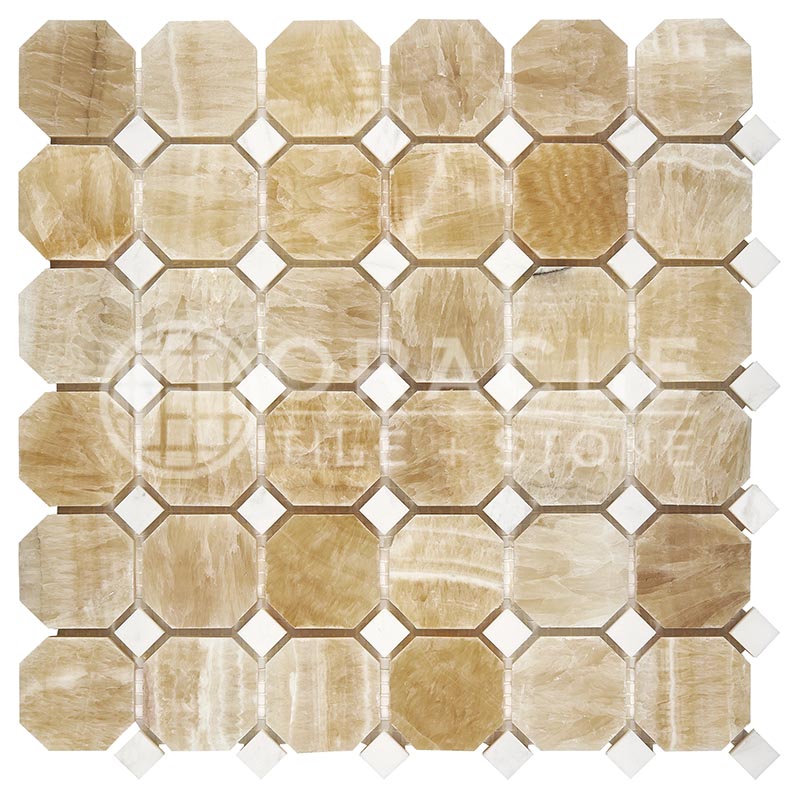 Premium Honey Onyx - Octagonal Mosaic Tile w/ White Marble Dots