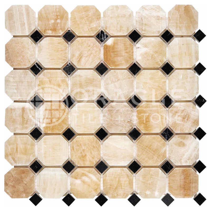 Premium Honey Onyx - Octagonal Mosaic Tile w/ Black Marble Dots