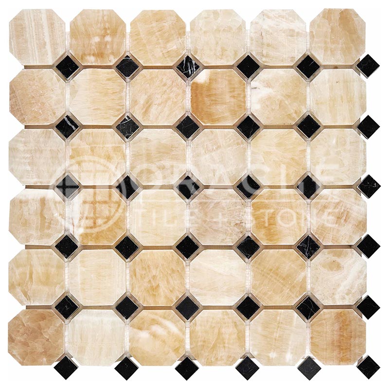 Honey (Giallo Crystal) Onyx Octagon Mosaic (w/ Black)