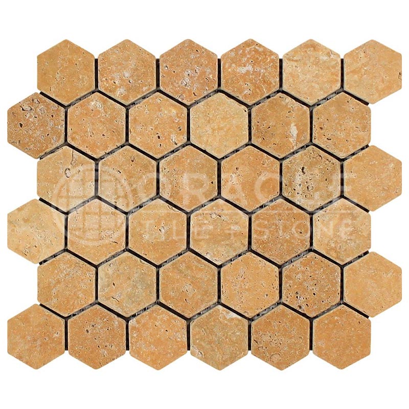Gold / Yellow Travertine - 2" Hexagonal Mosaic Tile