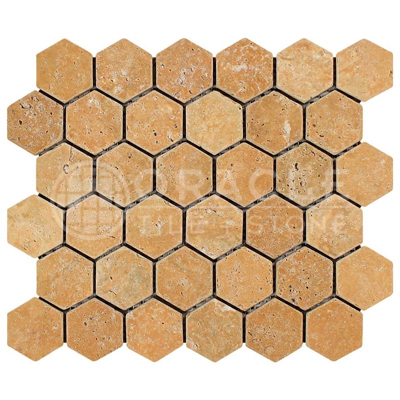 Gold / Yellow	Travertine	2" X 2"	Hexagon Mosaic	Tumbled