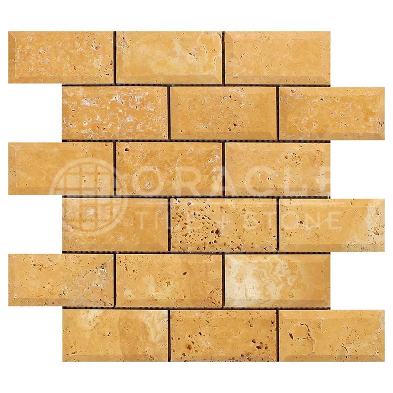 Gold / Yellow	Travertine	2" X 4"	Deep-Beveled Brick Mosaic	Honed