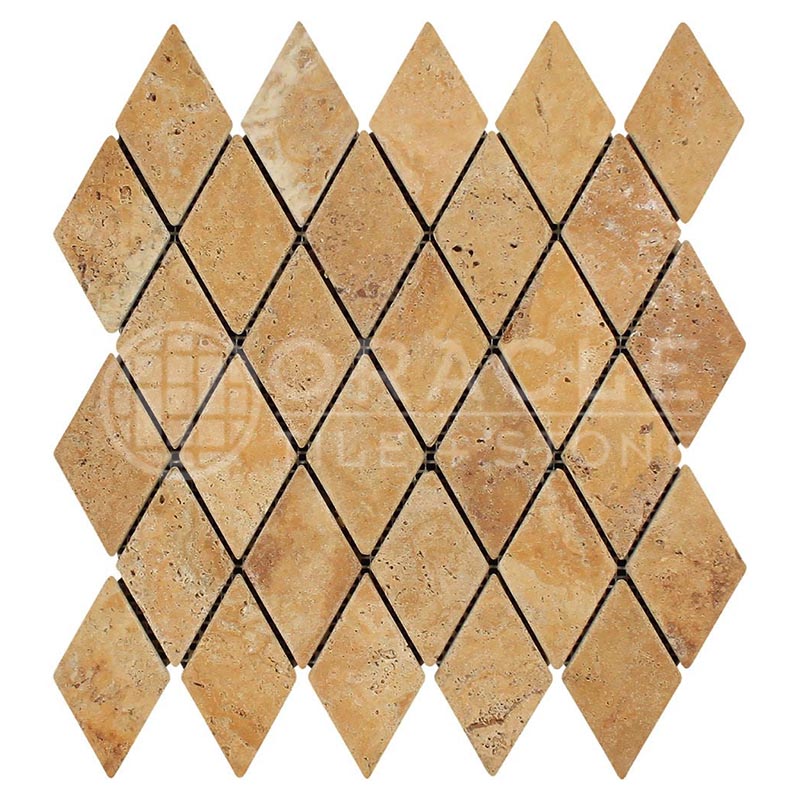 Gold / Yellow	Travertine	2" X 4"	Diamond / Rhomboid Mosaic	Tumbled