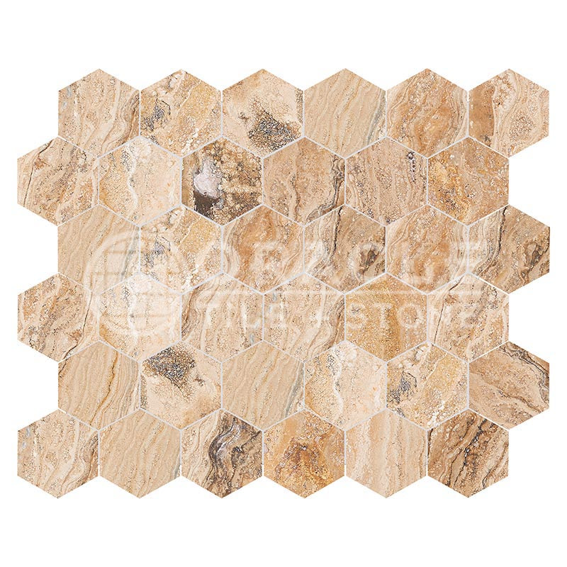 Valencia	Travertine	2" X 2"	Hexagon Mosaic	Tumbled