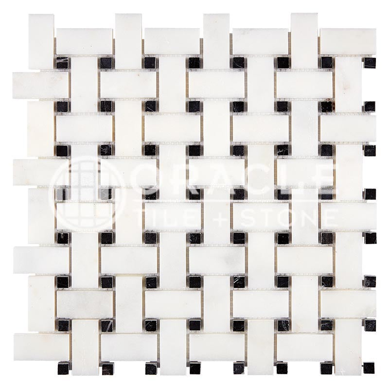 Afyon White Premium (Extra / Select) Marble - Basketweave Mosaic Tile w/ BLACK Marble Dots