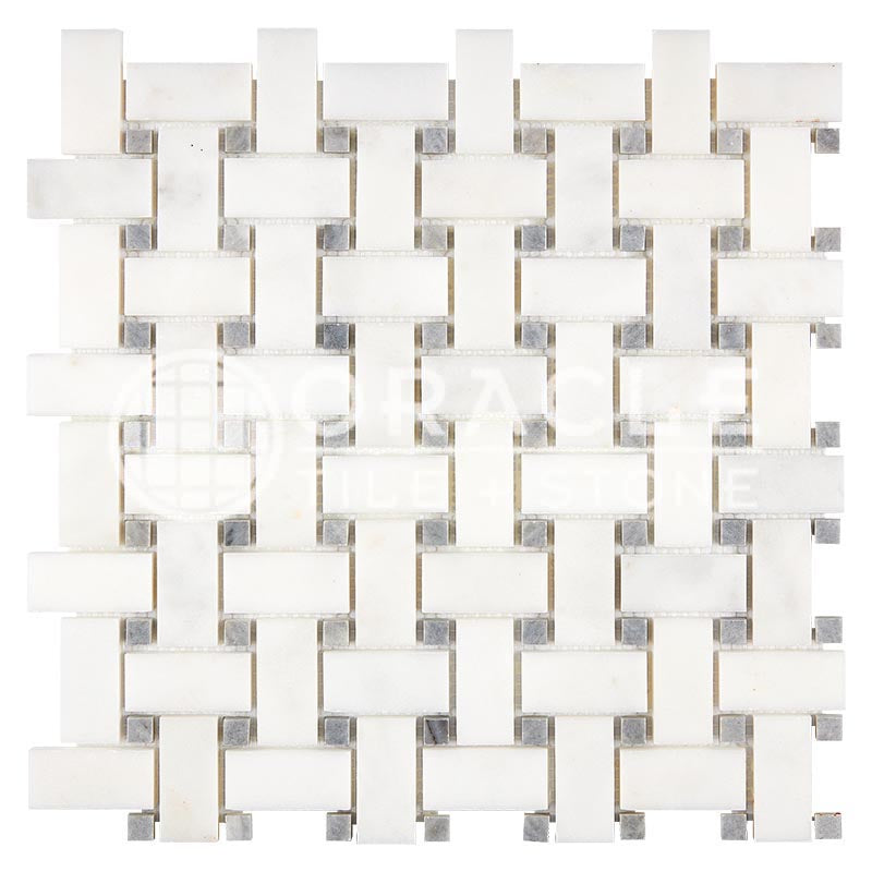 Afyon White Premium (Extra / Select) Marble - Basketweave Mosaic Tile w/ BLUE-GRAY Marble Dots