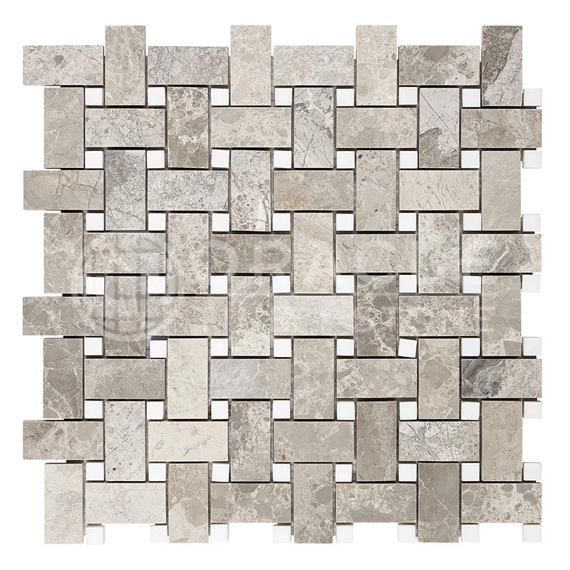 Atlantic Gray Marble - Basketweave Mosaic Tile w/ White Dolomite Dots