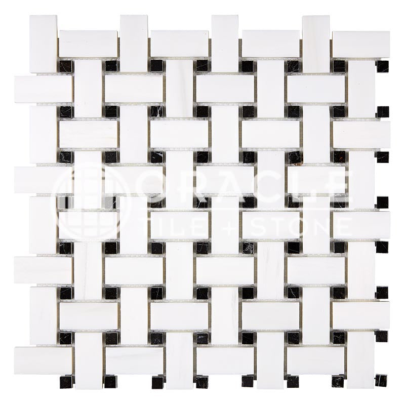 Bianco Dolomiti (Premium White Dolomite) - Basketweave Mosaic Tile w/ Black Marble Dots
