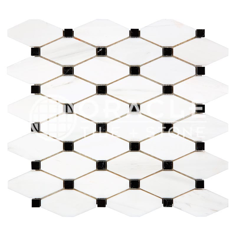 Bianco Dolomiti (Premium White Dolomite) - Octave (Long Octagon) Mosaic Tile w/ BLACK Marble Dots