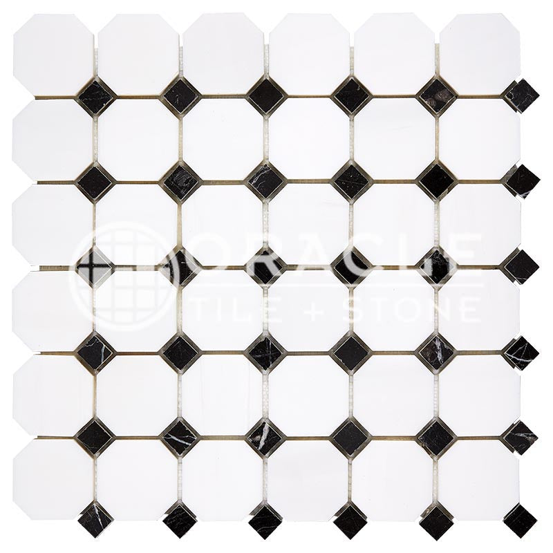 Bianco Dolomiti (Premium White Dolomite) - Octagonal Mosaic Tile w/ BLACK Marble Dots
