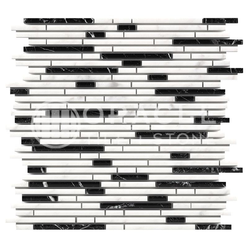 Italian Carrara White & Greek Thassos White Marble - Bamboo / Matchsticks Mosaic Tile w/ Black Marble Strips
