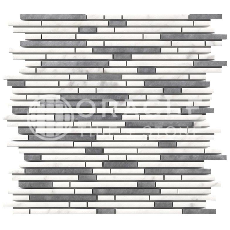 Italian Carrara White & Greek Thassos White Marble - Bamboo / Matchsticks Mosaic Tile w/ Bardiglio Blue-Gray Marble Strips
