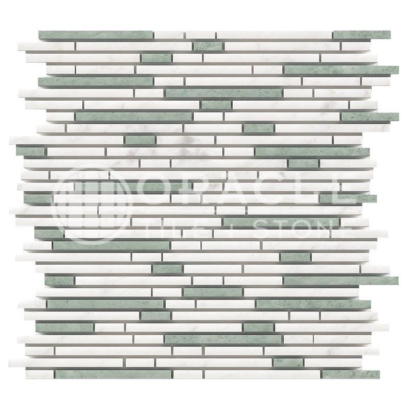 Italian Carrara White & Greek Thassos White Marble - Bamboo / Matchsticks Mosaic Tile w/ Ming Green Marble Strips