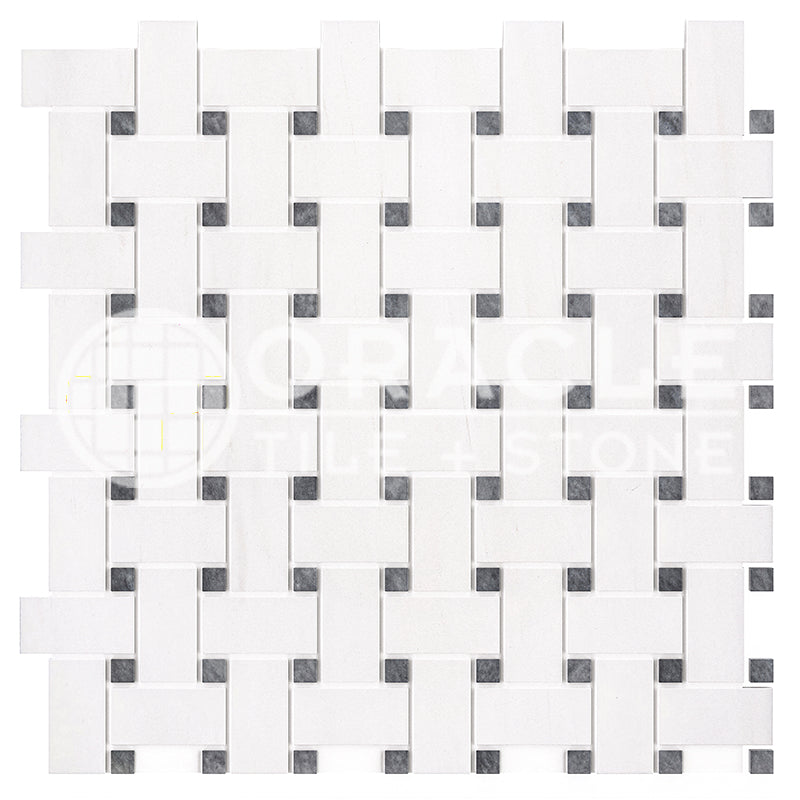 Bianco Dolomiti (Premium White Dolomite) - Basketweave Mosaic Tile w/ Bardiglio Blue-Gray Marble Dots